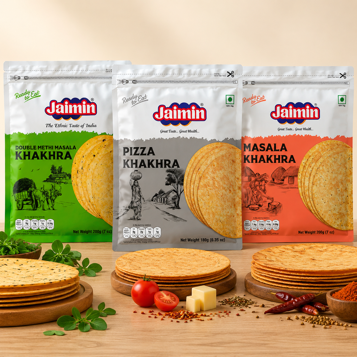 Jaimin khakhra: Khakhra Tiffin Trio with Jaimin Double Methi Masala Khakhra 200g, Jaimin Pizza Khakhra 200g and Jaimin Masala Khakhra 200g