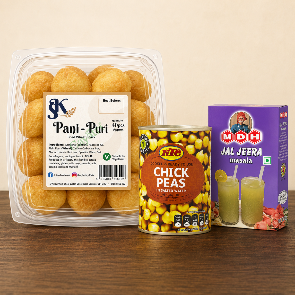 Pani puri: Pani Puri Party Night Kit with S K Pani Puri 40pcs, KTC Canned Boiled Chick Peas 400g and MDH Jal Jeera 100g