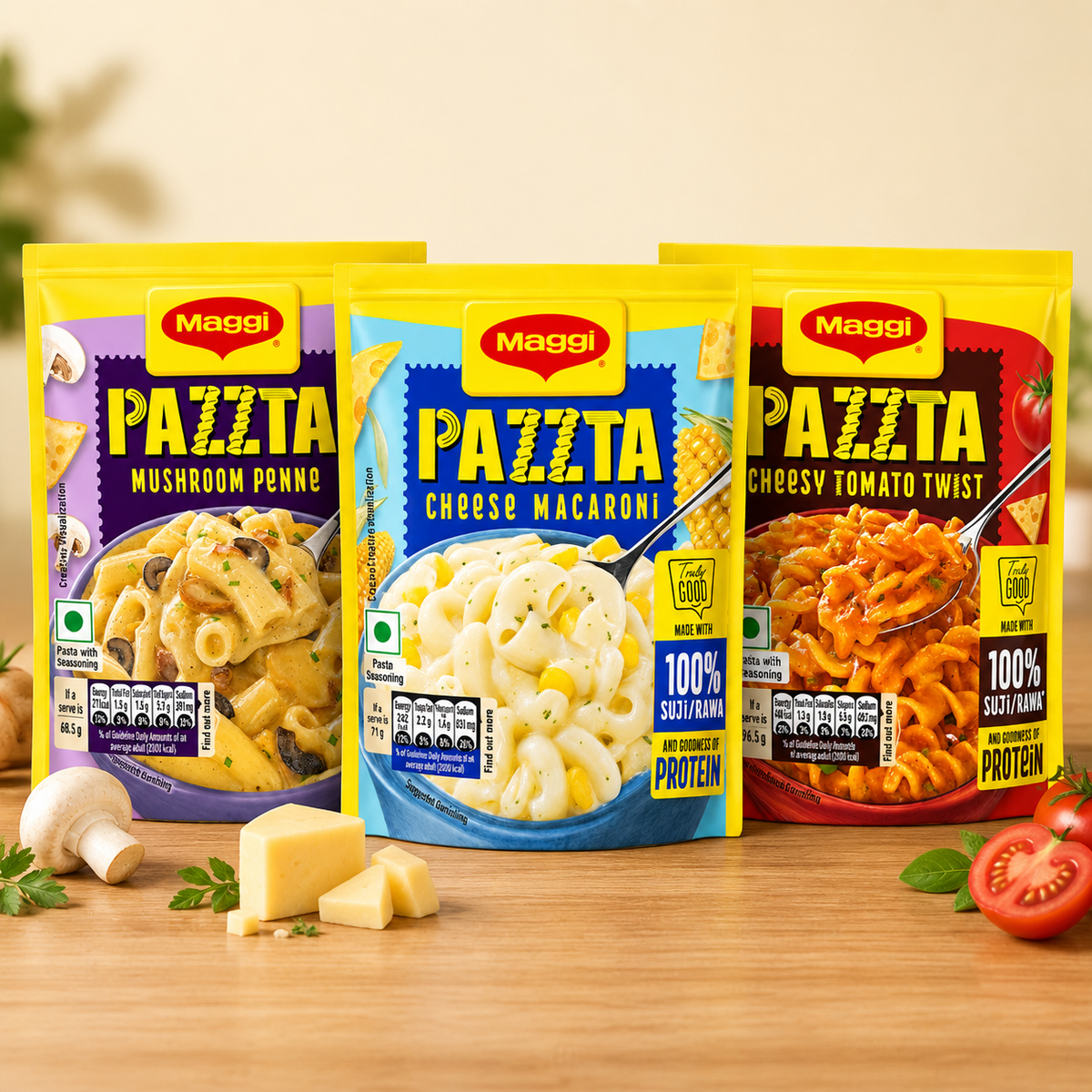 Instant pasta packets: Maggi Pazzta Flavour Trio with Maggi Pazzta Cheese Macaroni 75g, Maggi Pazzta Mushroom Penne 68.5g and Maggi Pazzta Cheesy Tomato Twist 68.5g