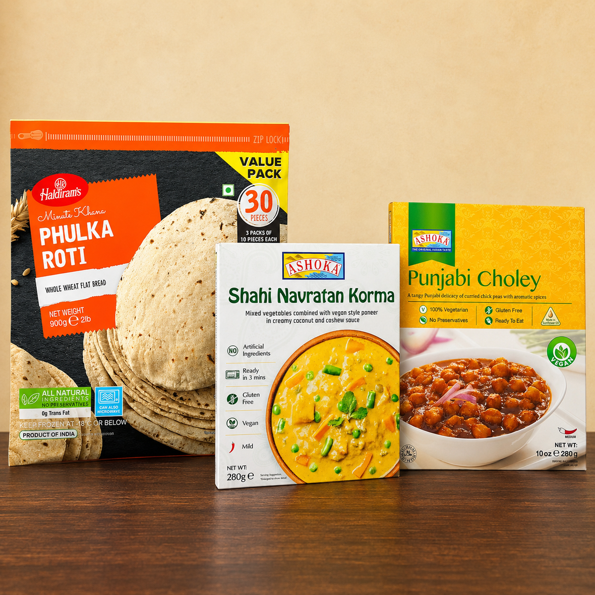 Indian ready meals: Phulka Roti and Ready Curry Dinner with Haldirams Frozen Phulka Roti Value Pack 30pcs, Ashoka Shahi Navratan Korma 280g and Ashoka Punjabi Choley 280g