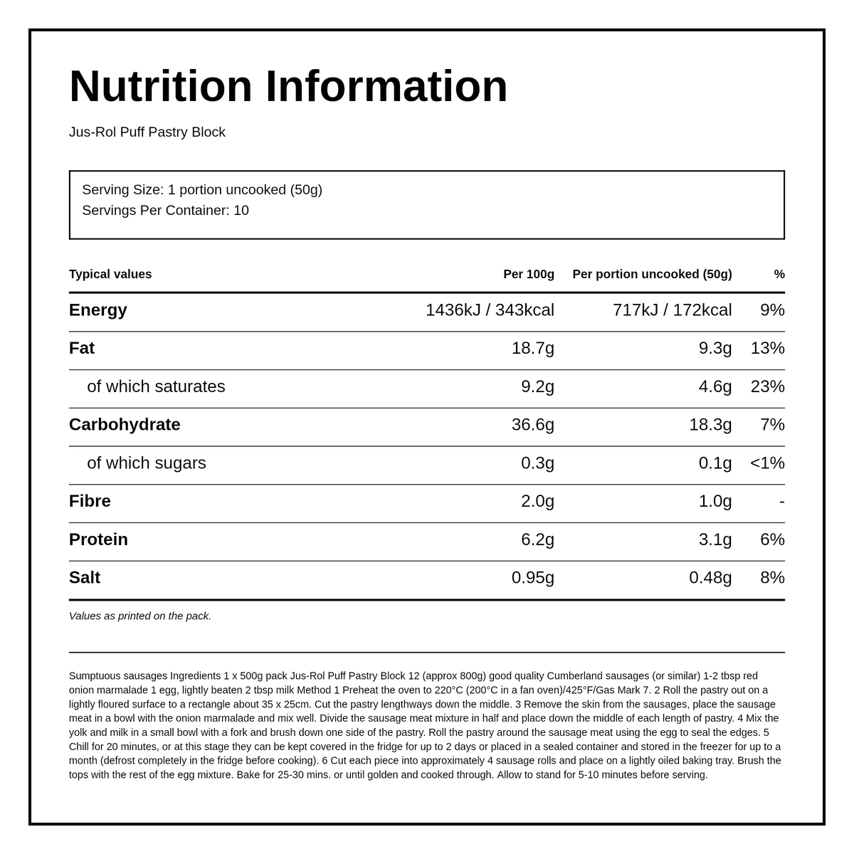 Jus-Rol Puff Pastry Block — facts label
