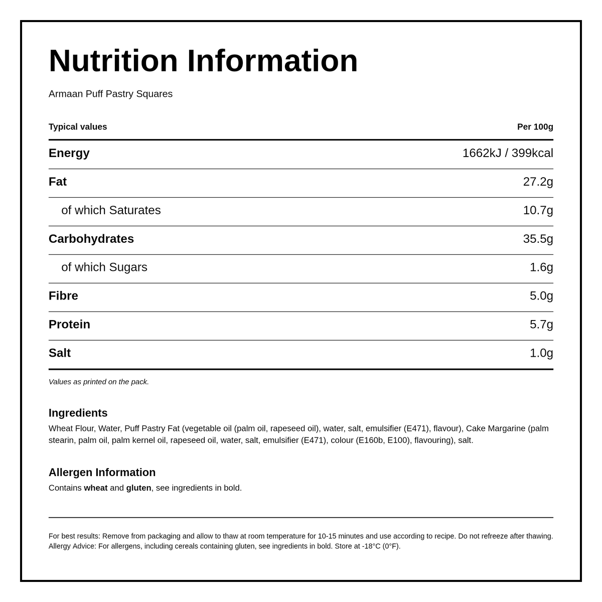 Armaan Puff Pastry Squares 4" — facts label