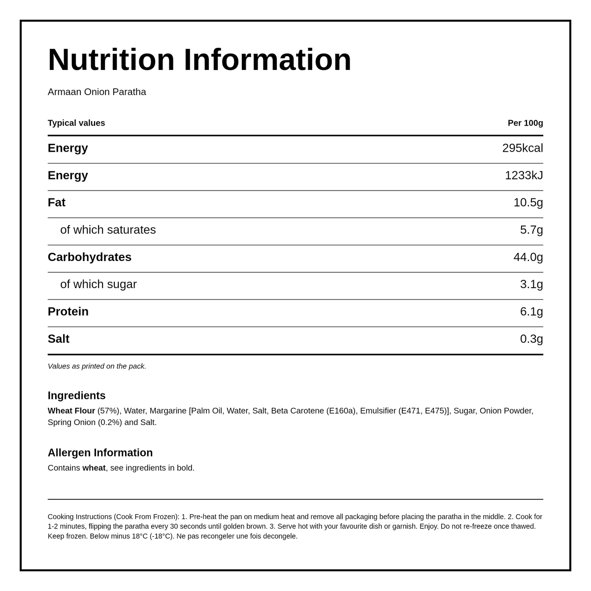 Armaan Onion Paratha 20 Pieces — facts label