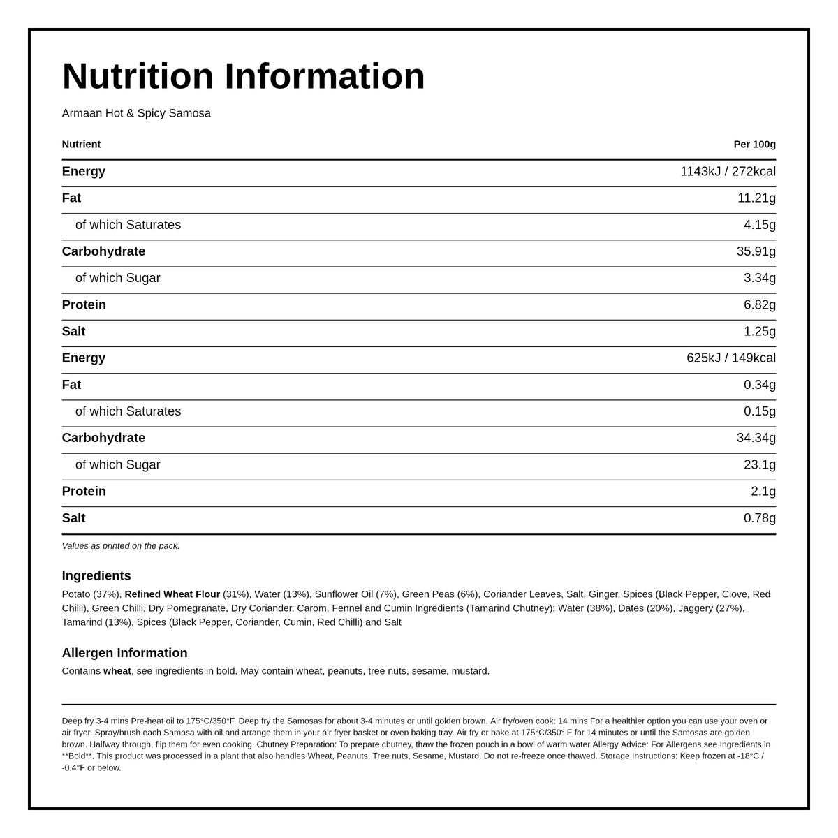 Armaan Hot & Spicy Samosa — facts label