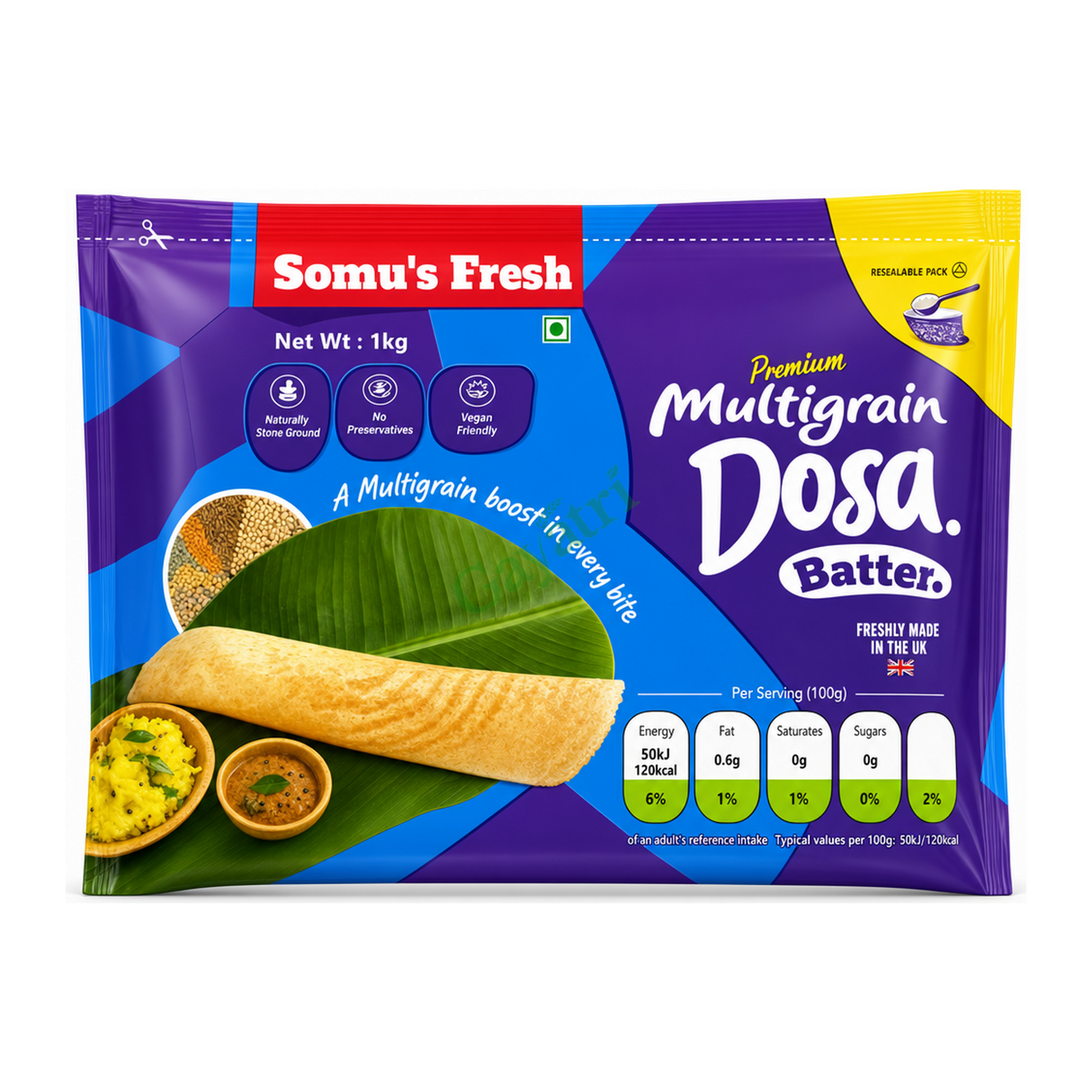 Multigrain Dosa Batter Premium by Somu's Fresh — front view showing product label and branding, studio product photo on white background