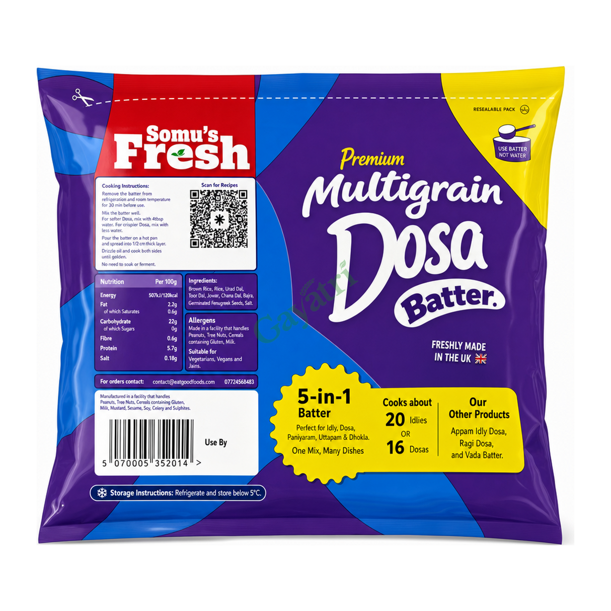 Multigrain Dosa Batter Premium by Somu's Fresh — back view showing ingredients and product details, studio product photo on white background