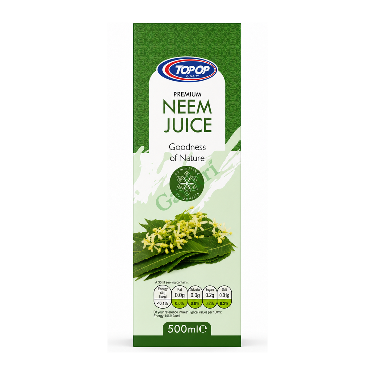 Premium Neem Juice 500ml by Top Op — front view showing product label and branding, studio product photo on white background