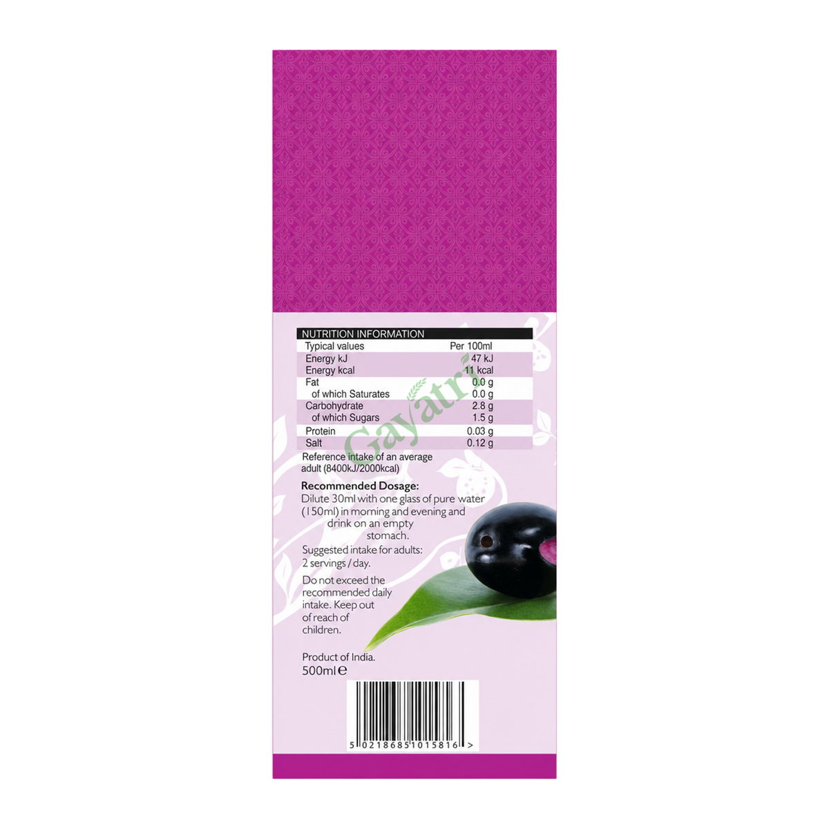Premium Jamun Juice Indian Blackberry by Topop — nutrition facts side panel, studio product photo on white background