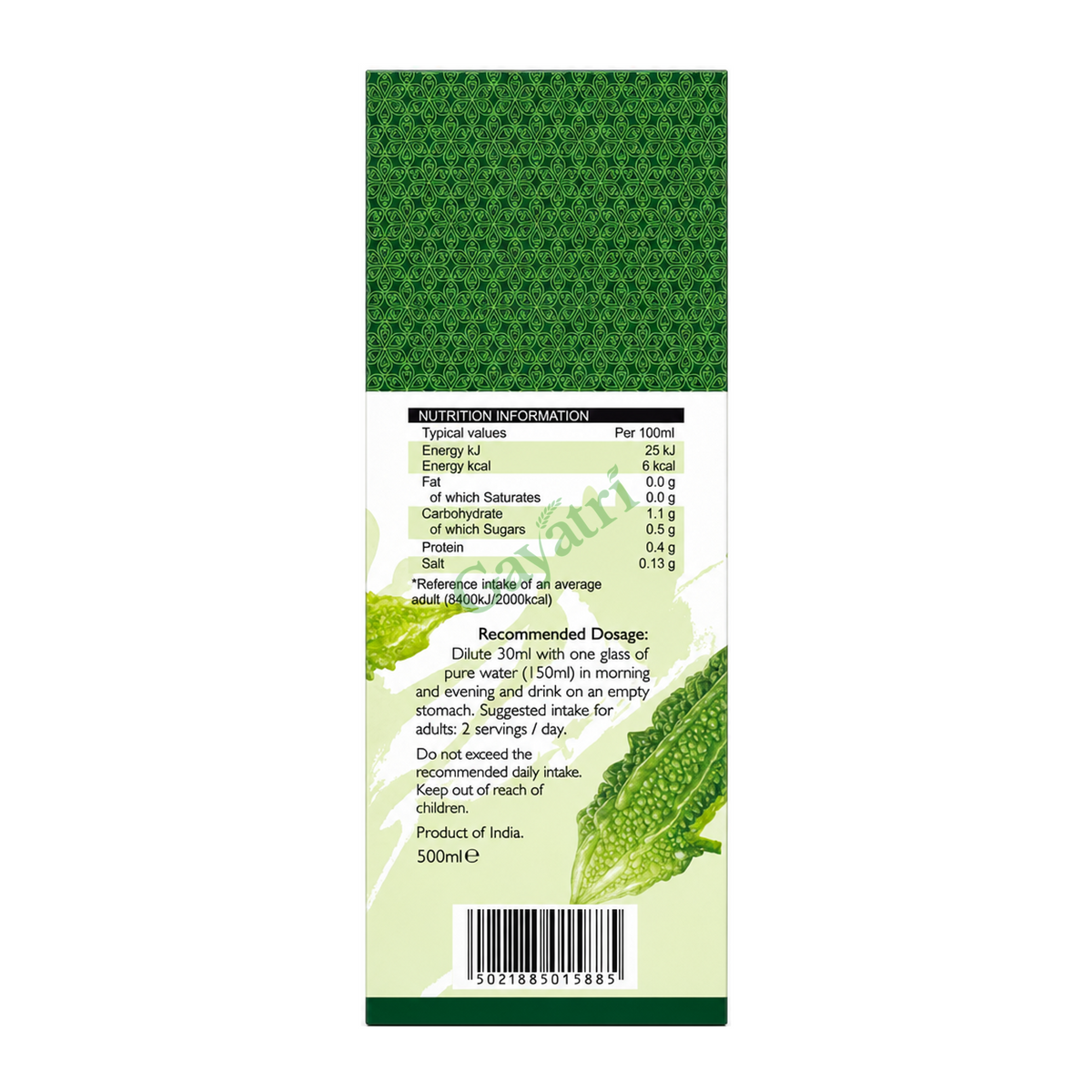 Premium Karela Juice Bitter Gourd 500ml by Top Op — back view showing ingredients and product details, studio product photo on white background