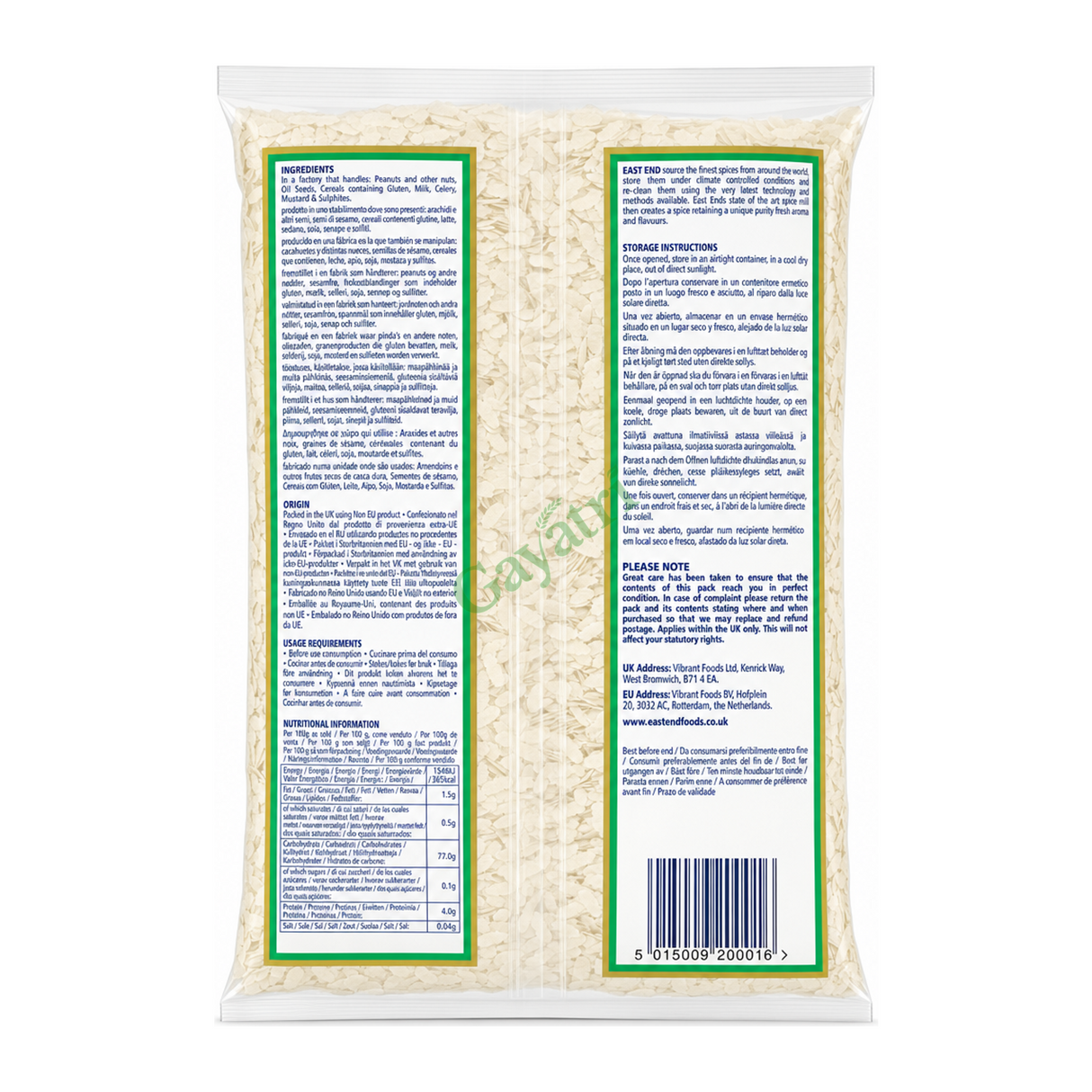 Pawa Medium (Flattened Rice) Medium by East End — back view showing ingredients and product details, studio product photo on white background