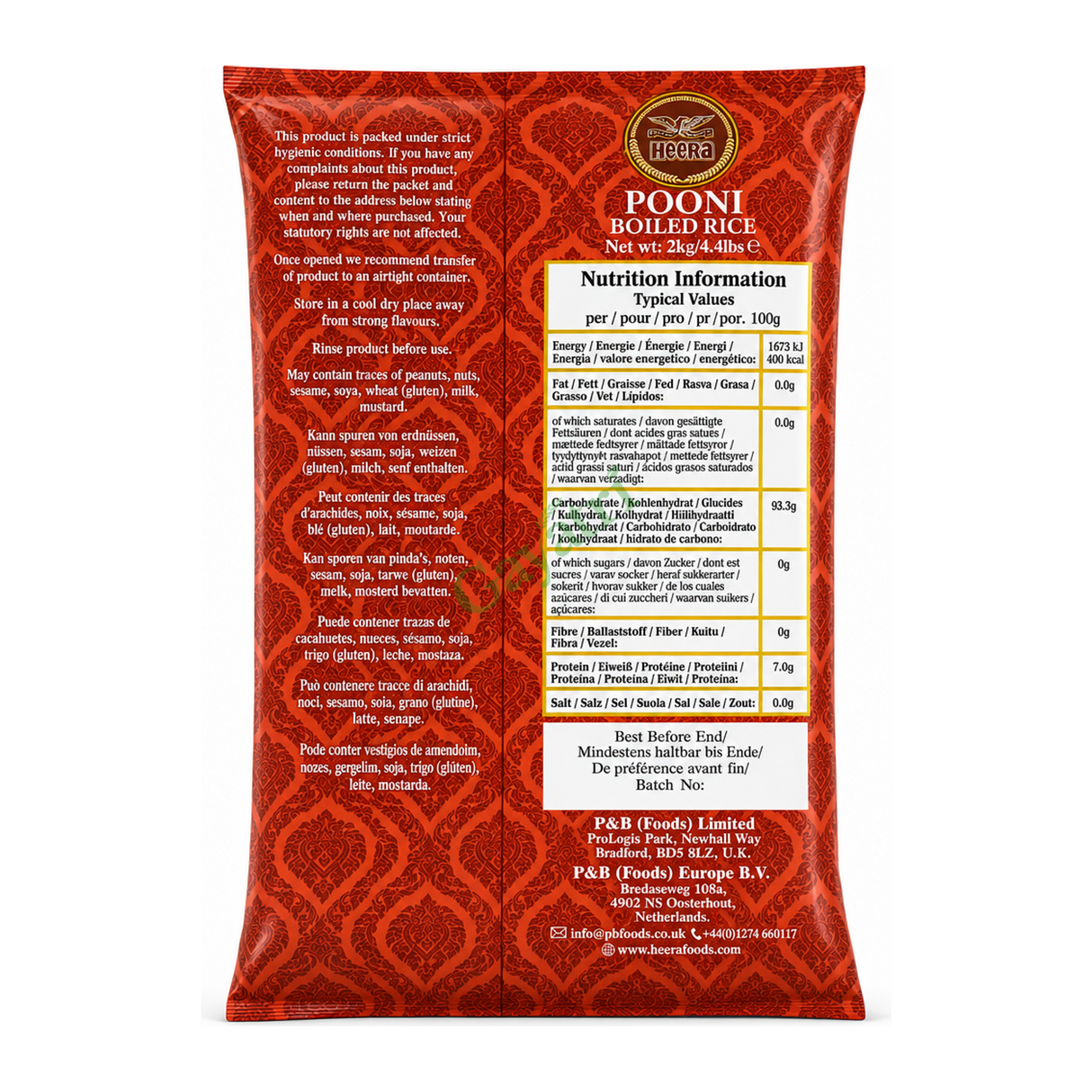 Broken Basmati Rice by Heera Food, Beverages & Tobacco > Food Items > Grains, Rice & Cereal > Rice — back view showing ingredients and product details, studio product photo on white background