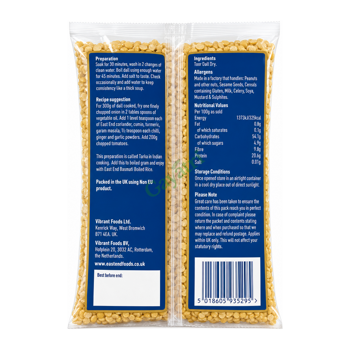 Toor Dall Dry (Split Pigeon Peas) by East End — back view showing ingredients and product details, studio product photo on white background