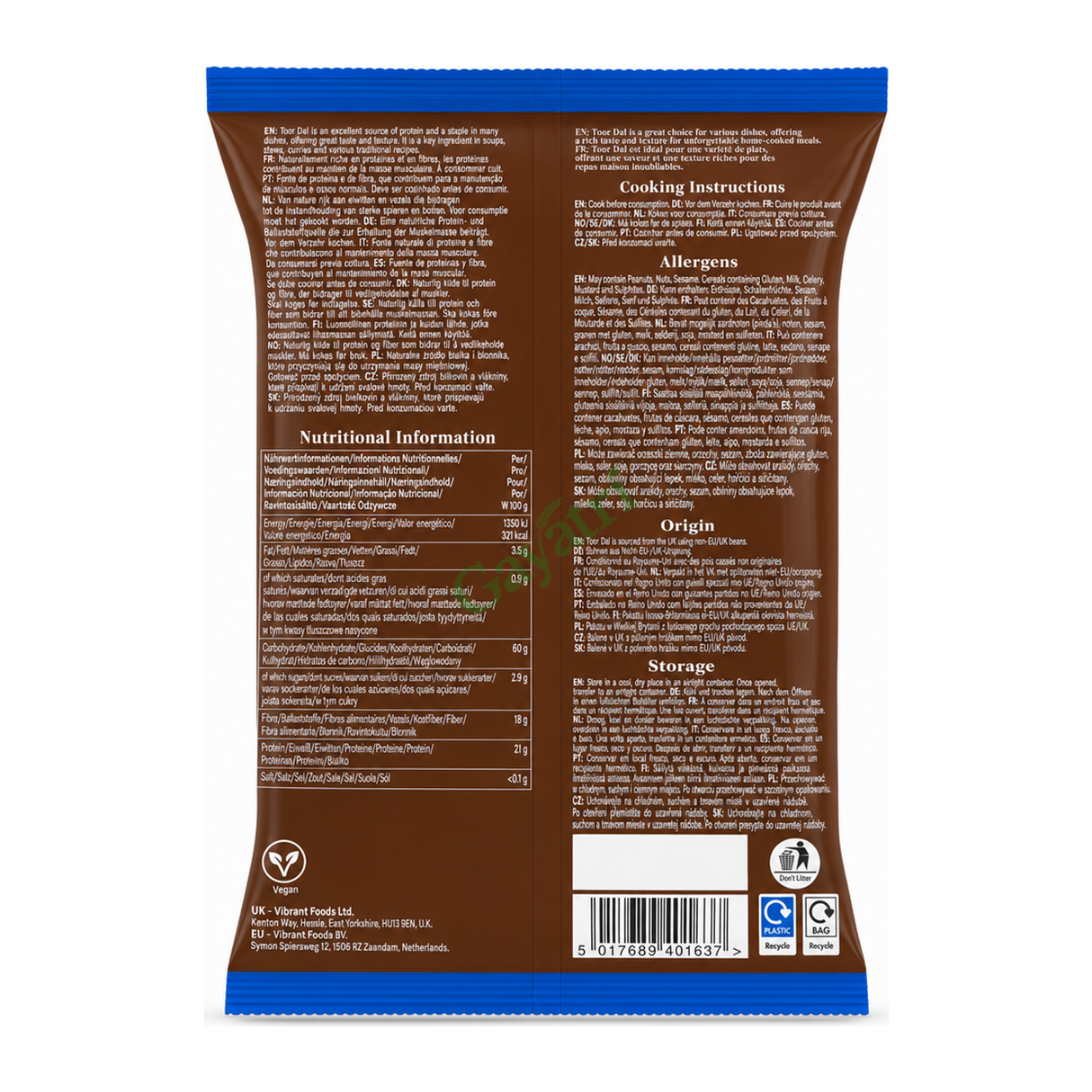 Toor Dal Split Pigeon Peas by TRS — back view showing ingredients and product details, studio product photo on white background