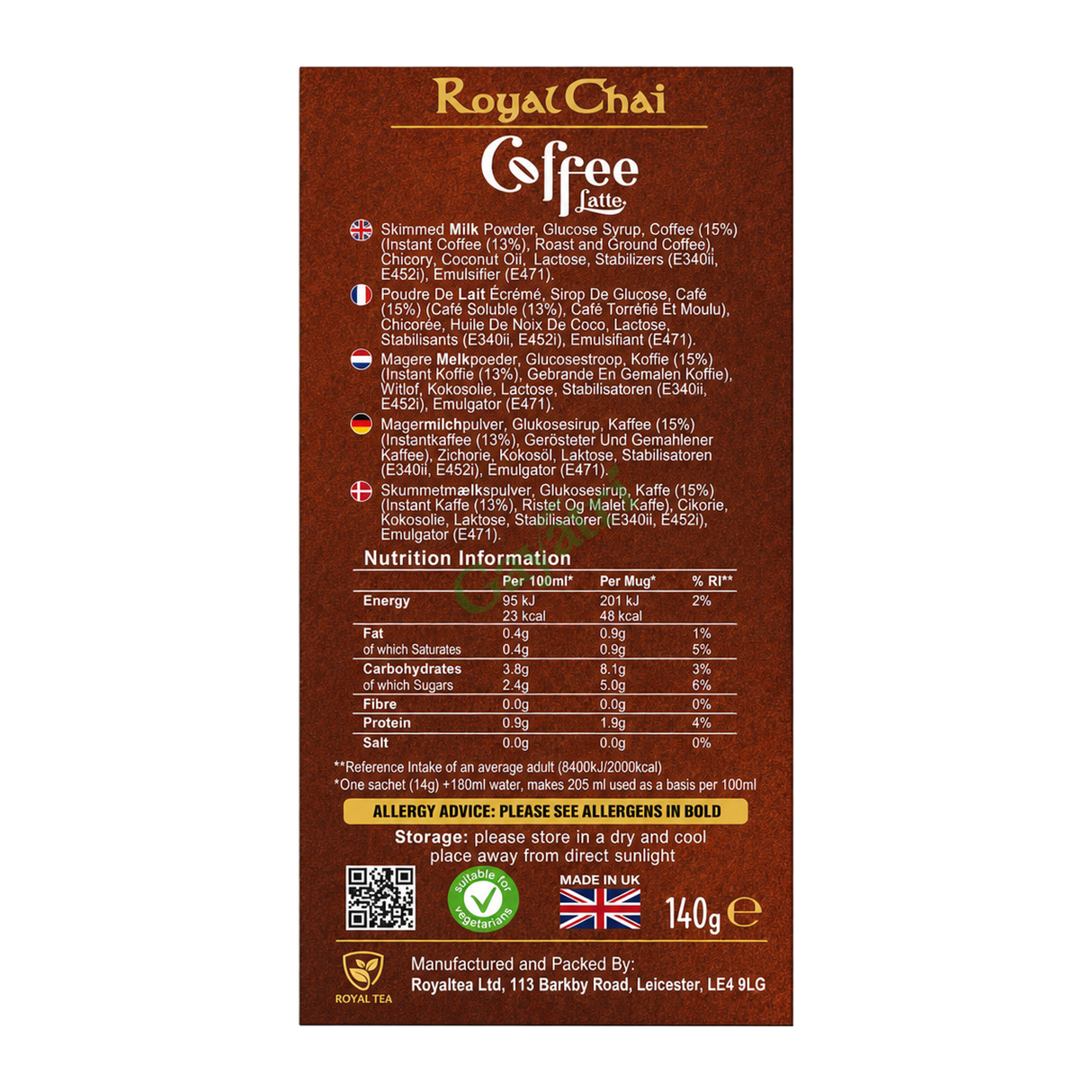 Royal Chai Coffee Latte Karak Coffee Unsweetened Unsweetened by Royal Chai — nutrition facts side panel, studio product photo on white background