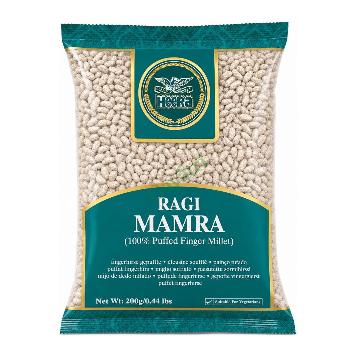 Ragi Mamra 100% Puffed Finger Millet by Heera — front view showing product label and branding, studio product photo on white background