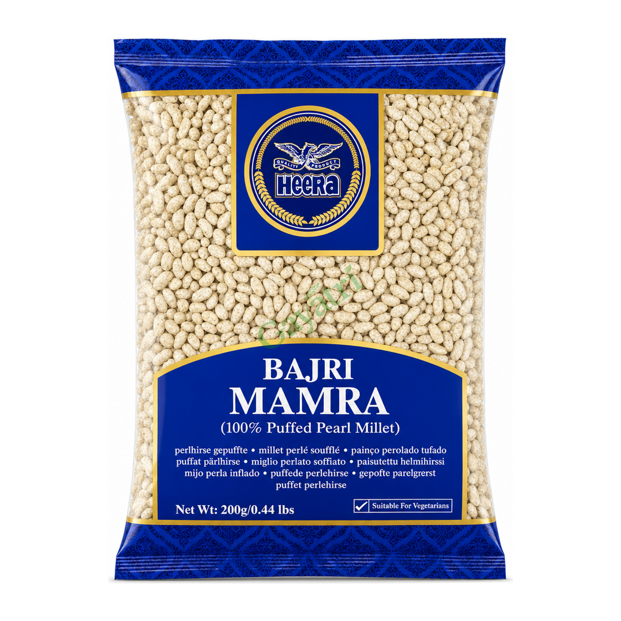 Bajri Mamra 100% Puffed Pearl Millet by Heera — front view showing product label and branding, studio product photo on white background
