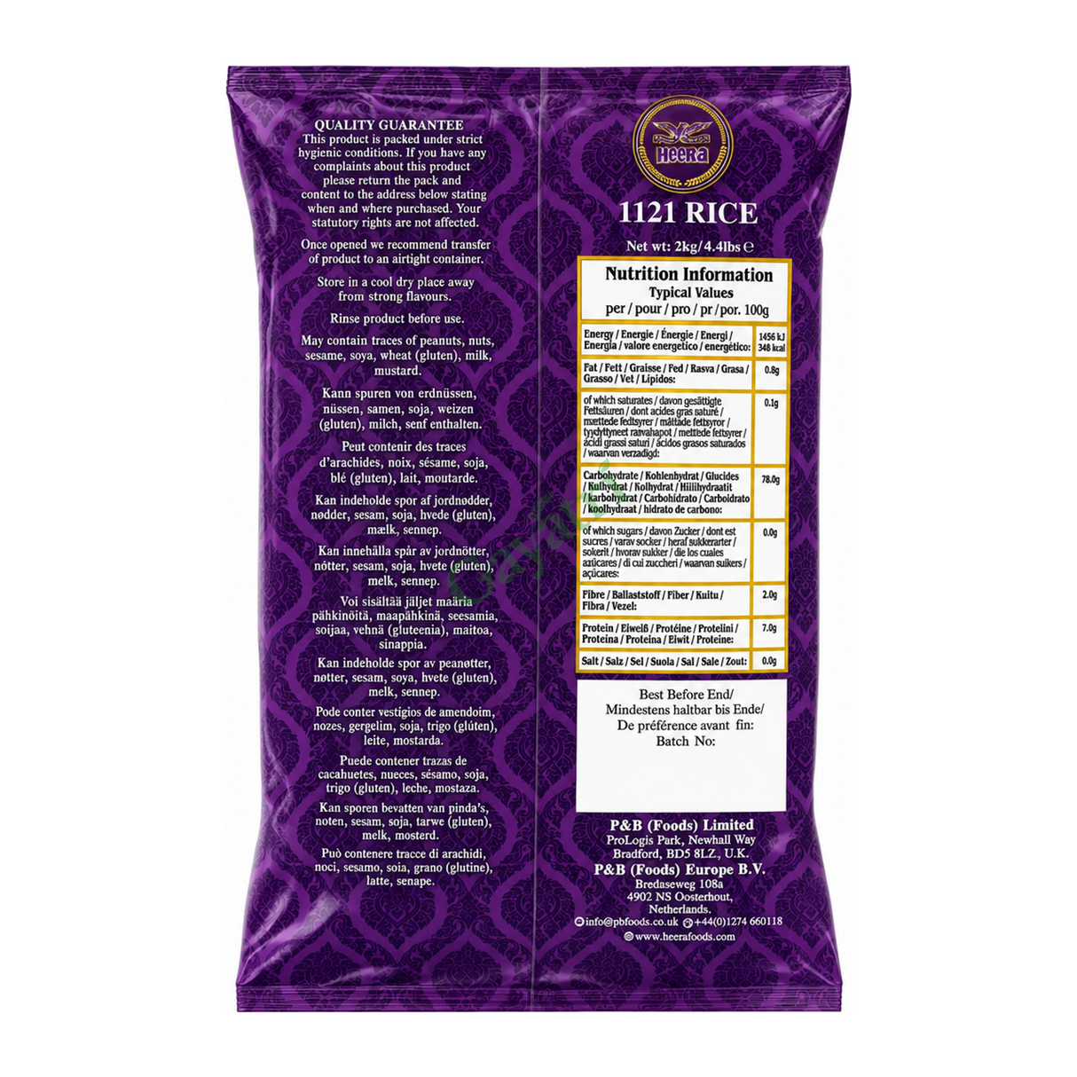 1121 Rice by Heera — back view showing ingredients and product details, studio product photo on white background