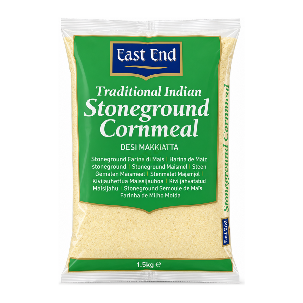 Traditional Indian Stoneground Cornmeal Desi Makki Atta by East End — front view showing product label and branding, studio product photo on white background