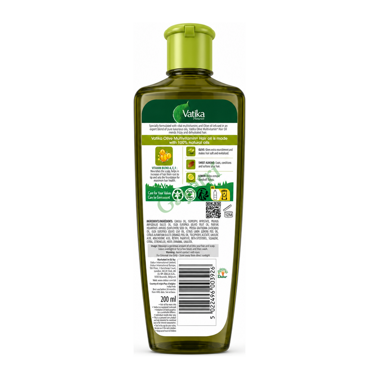 Vatika Naturals Olive Multivitamin+ Hair Oil Olive by Vatika — back view showing ingredients and product details, studio product photo on white background