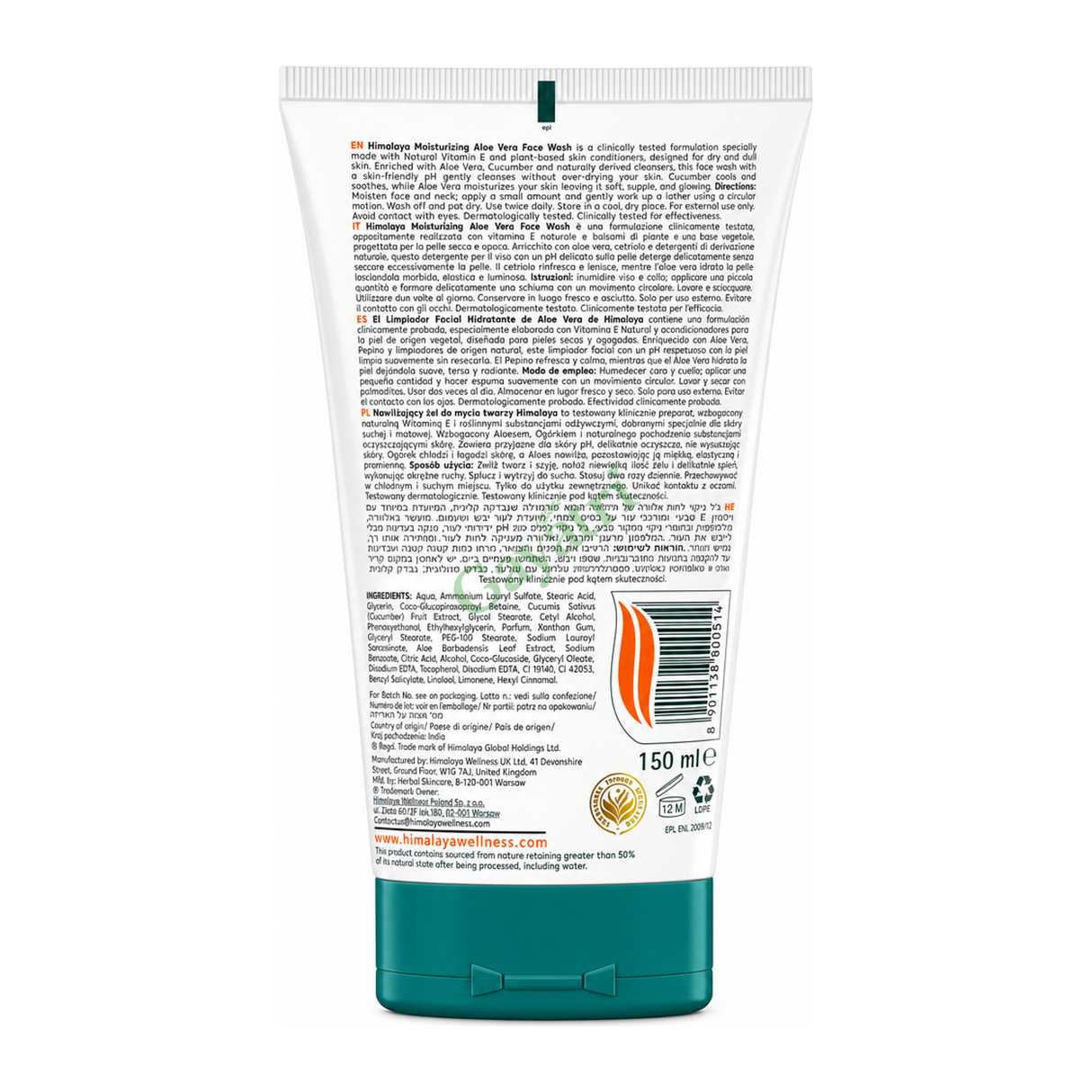 Moisturizing Aloe Vera Face Wash by Himalaya — back view showing ingredients and product details, studio product photo on white background