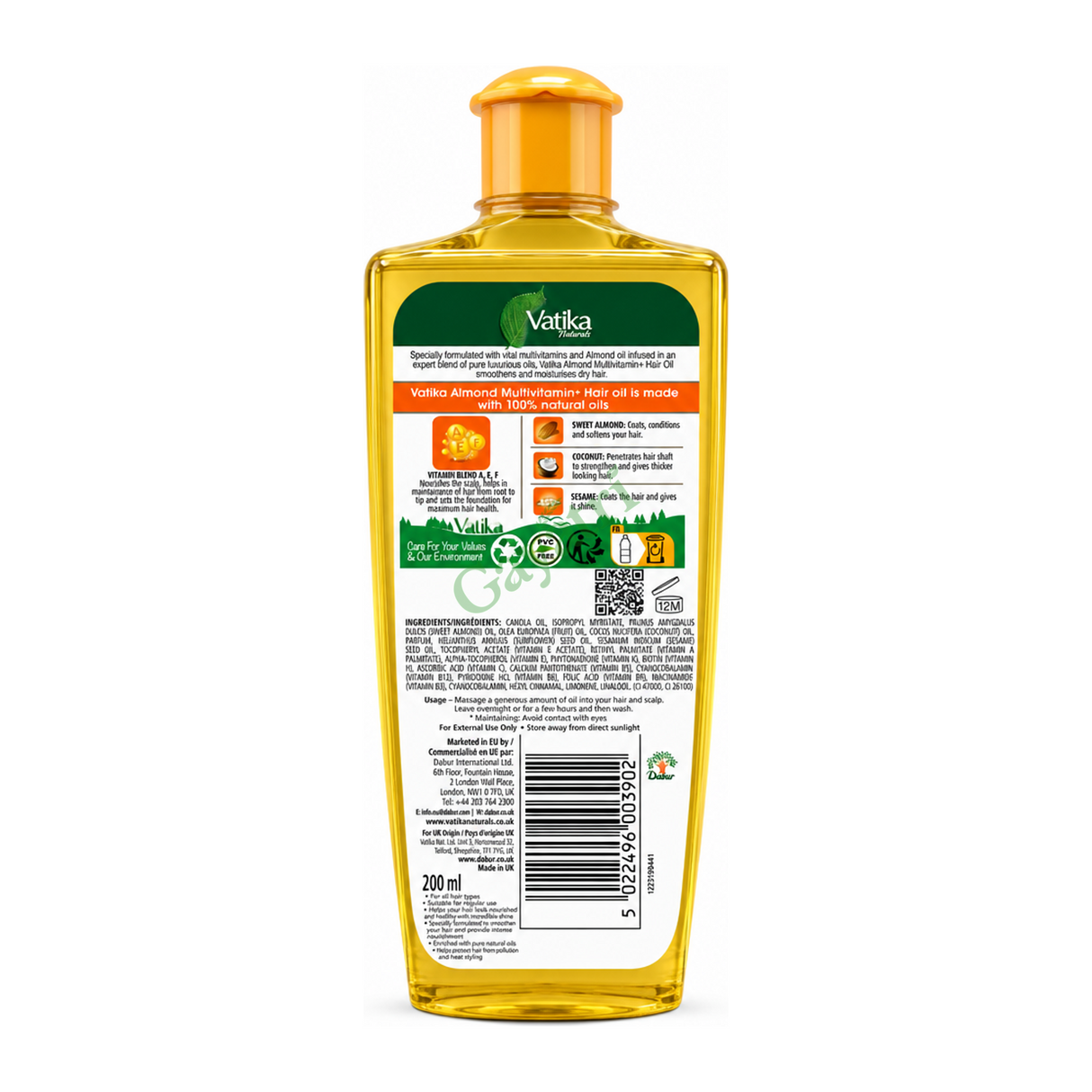 Almond Multivitamin Hair Oil Almond by Vatika Naturals — back view showing ingredients and product details, studio product photo on white background
