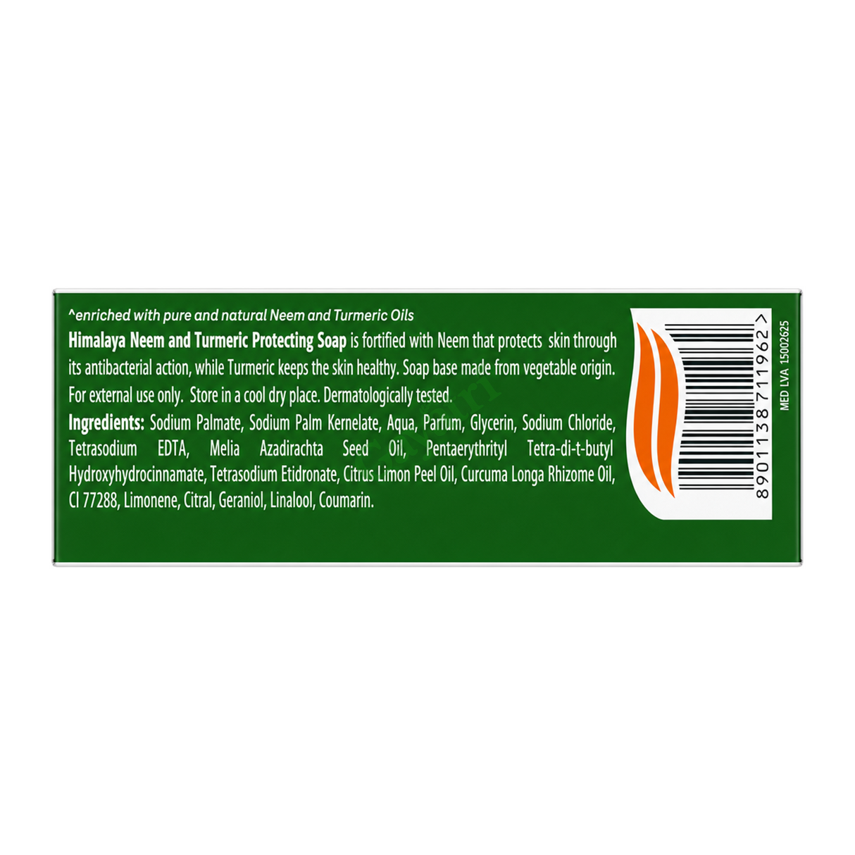 Neem & Turmeric Protecting Soap by Himalaya — ingredients side panel, studio product photo on white background