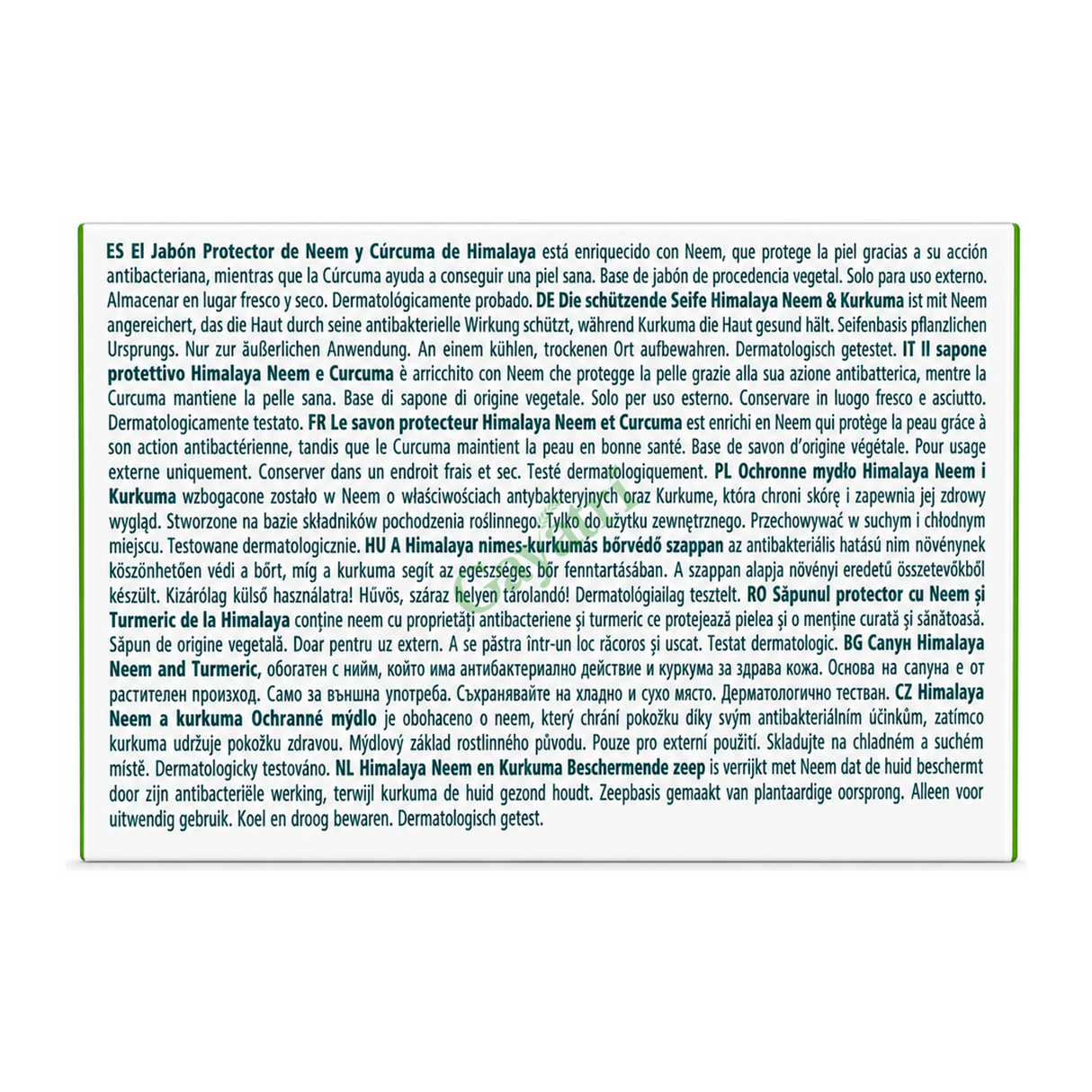 Neem & Turmeric Protecting Soap by Himalaya — back view showing ingredients and product details, studio product photo on white background