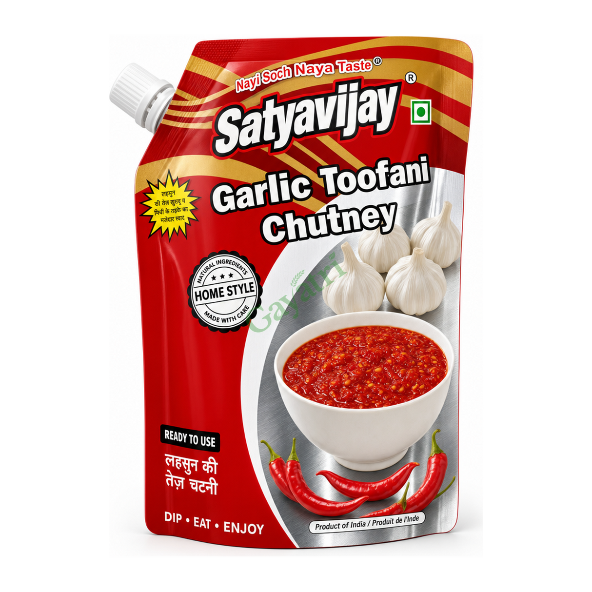 Garlic Toofani Chutney Toofani by Satyavijay — front view showing product label and branding, studio product photo on white background