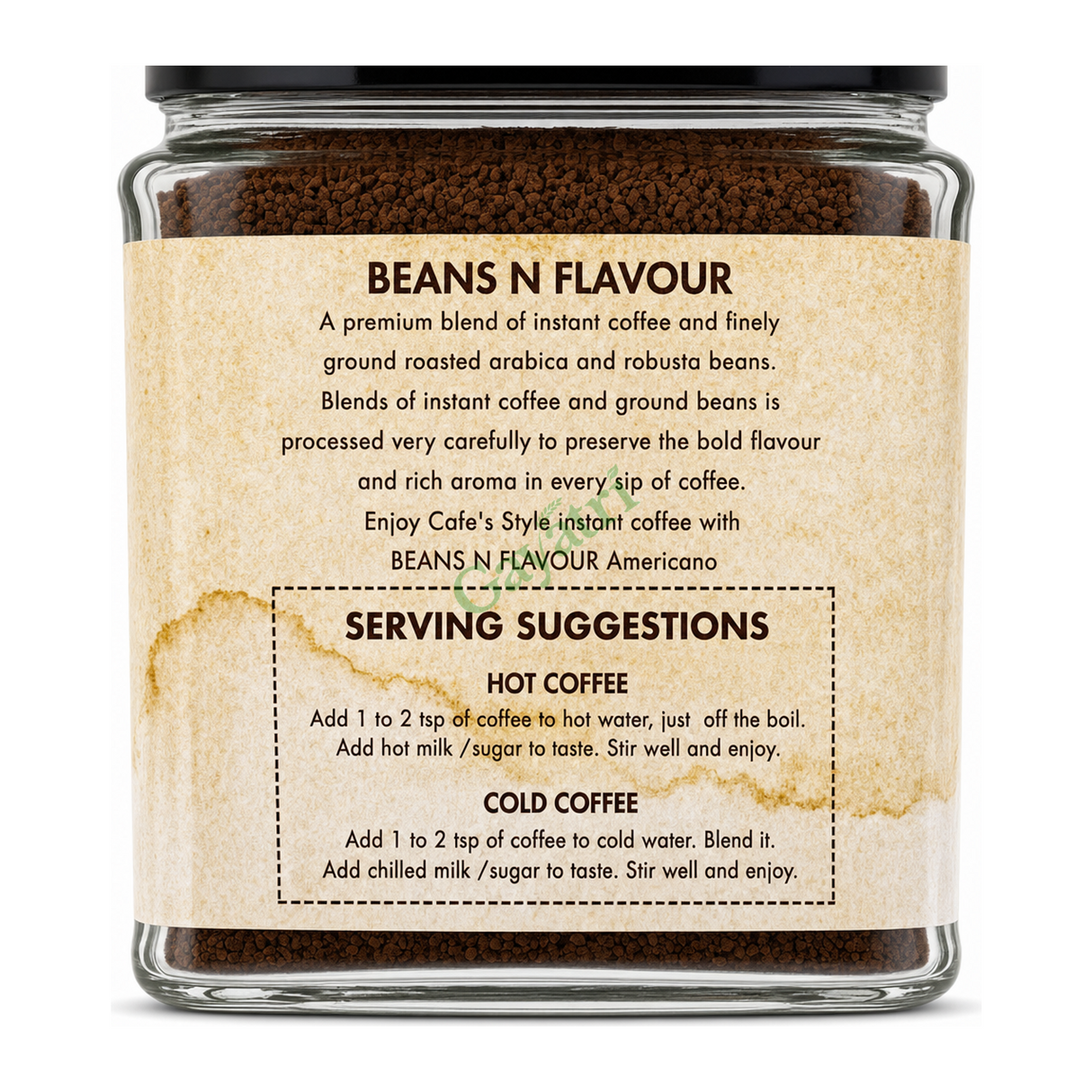 Americano Instant Coffee with Finely Ground Roasted Beans by Beans N Flavour — cooking instructions side panel, studio product photo on white background