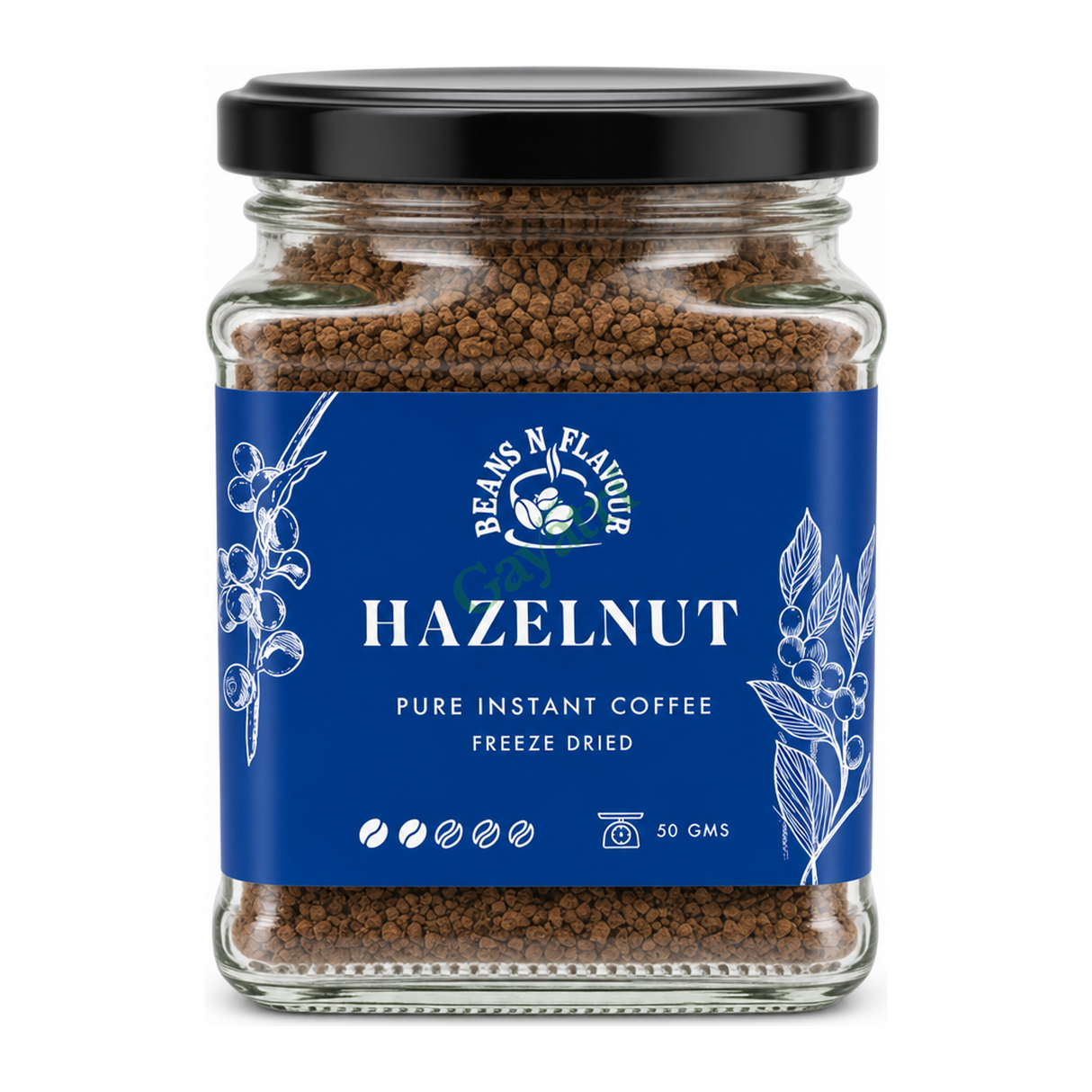 Pure Instant Coffee Freeze Dried Hazelnut by Beans N Flavour — front view showing product label and branding, studio product photo on white background