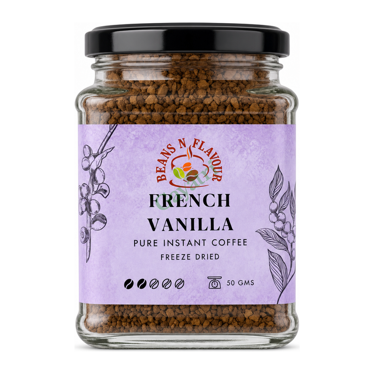 French Vanilla Pure Instant Coffee Freeze Dried by Beans N Flavour — front view showing product label and branding, studio product photo on white background