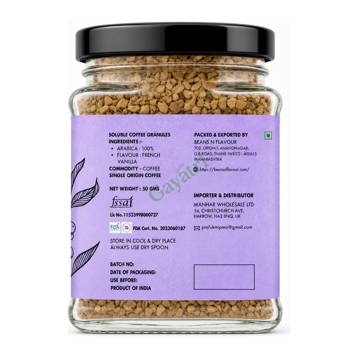 French Vanilla Pure Instant Coffee Freeze Dried by Beans N Flavour — back view showing ingredients and product details, studio product photo on white background