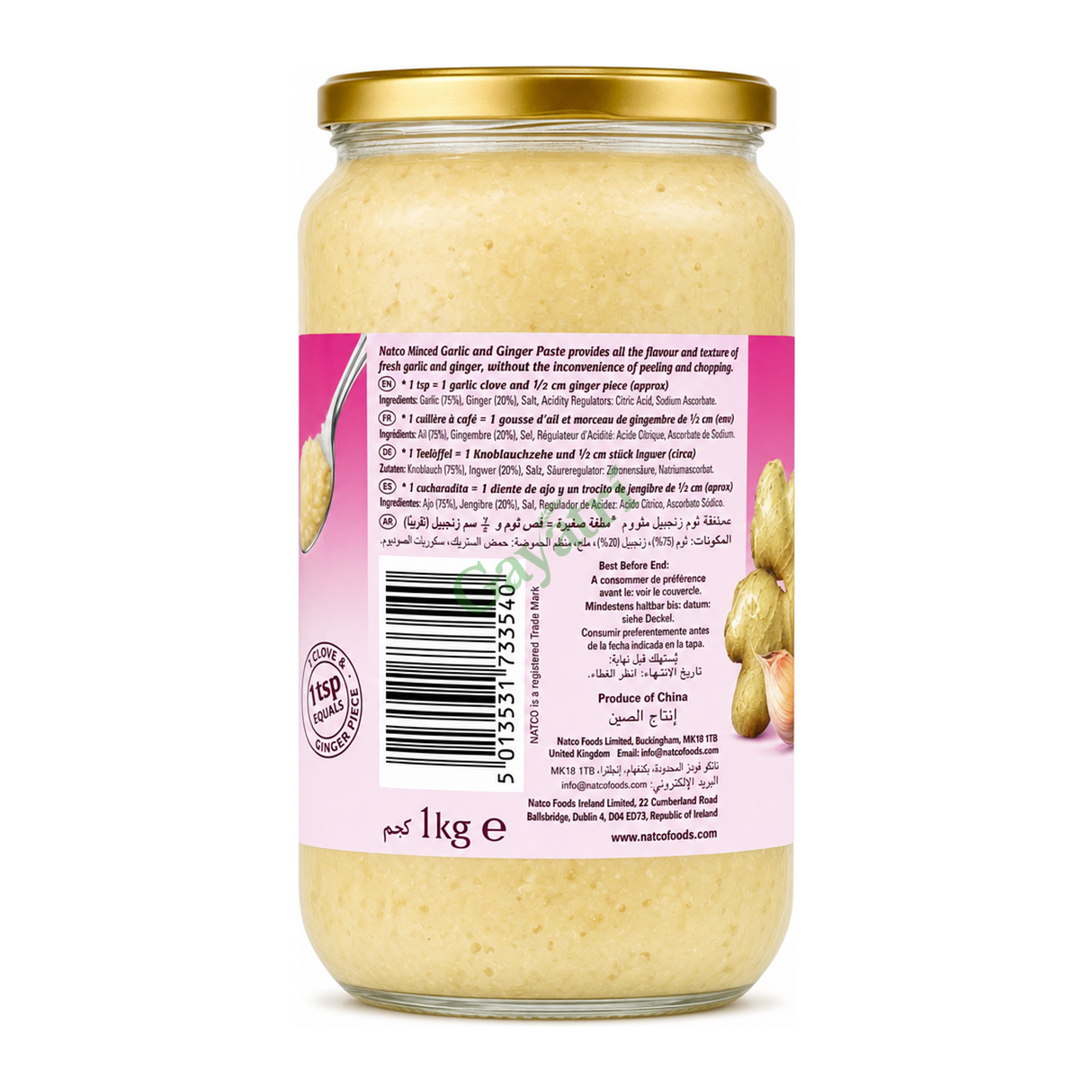 Minced Garlic & Ginger Paste by Natco — back view showing ingredients and product details, studio product photo on white background