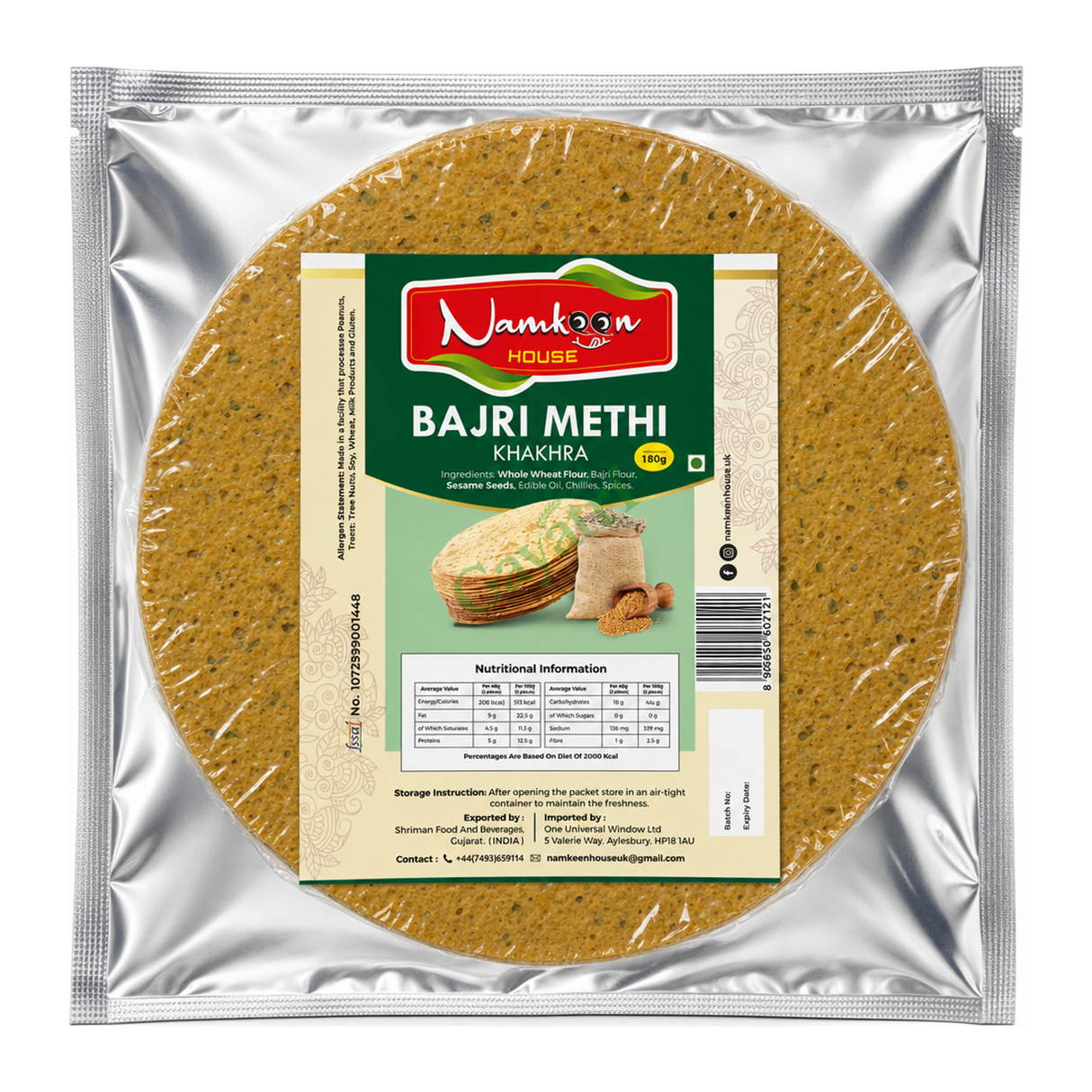 Bajri Methi Khakhra by Namkeen House — front view showing product label and branding, studio product photo on white background