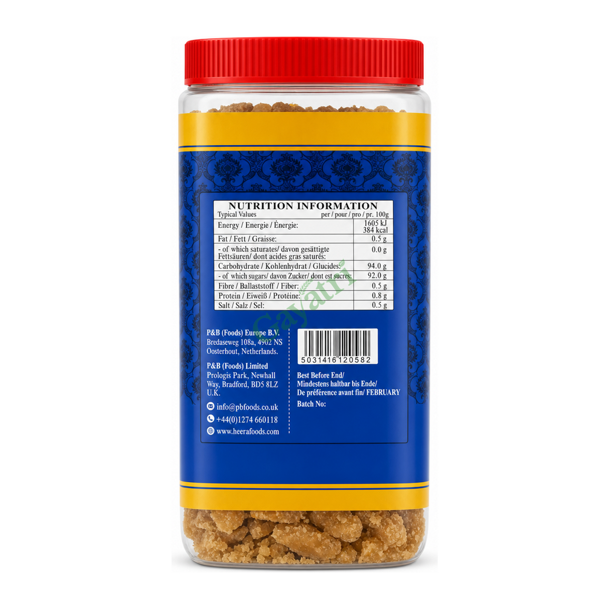 Pesi Jaggery Goor by Heera — back view showing ingredients and product details, studio product photo on white background