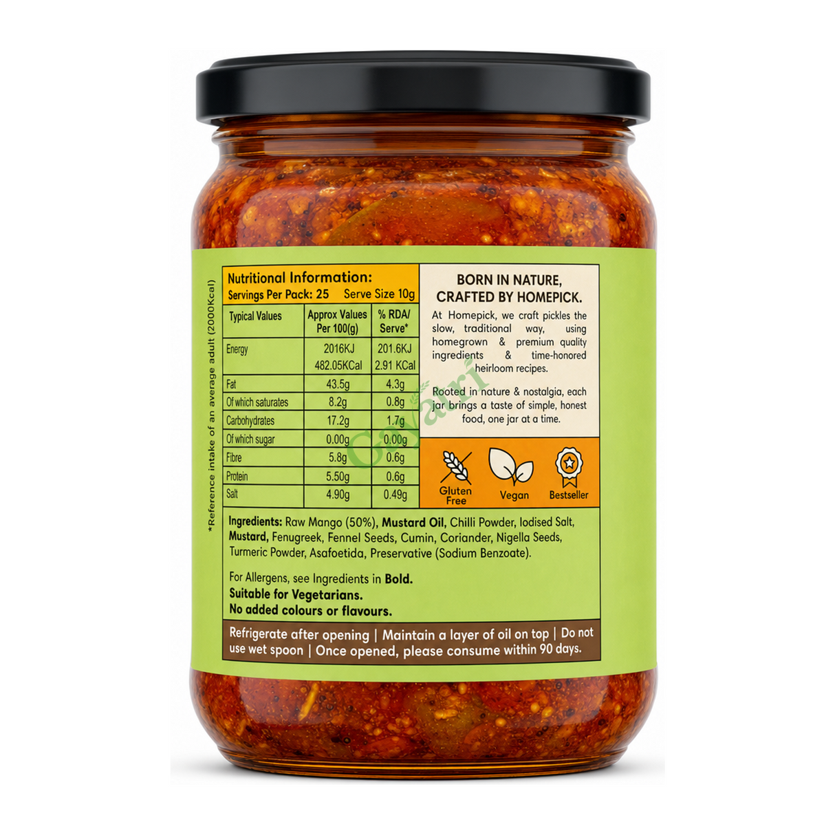 Punjabi Mango Pickle by Homepick — back view showing ingredients and product details, studio product photo on white background