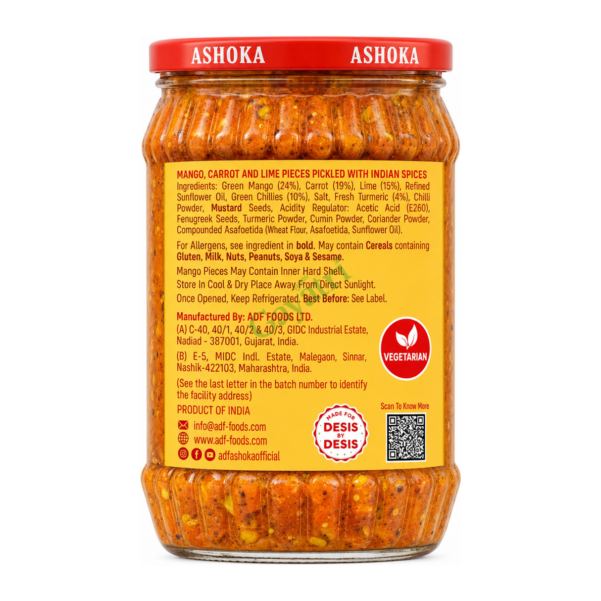 Mixed Pickle Medium Spicy by Ashoka — ingredients side panel, studio product photo on white background