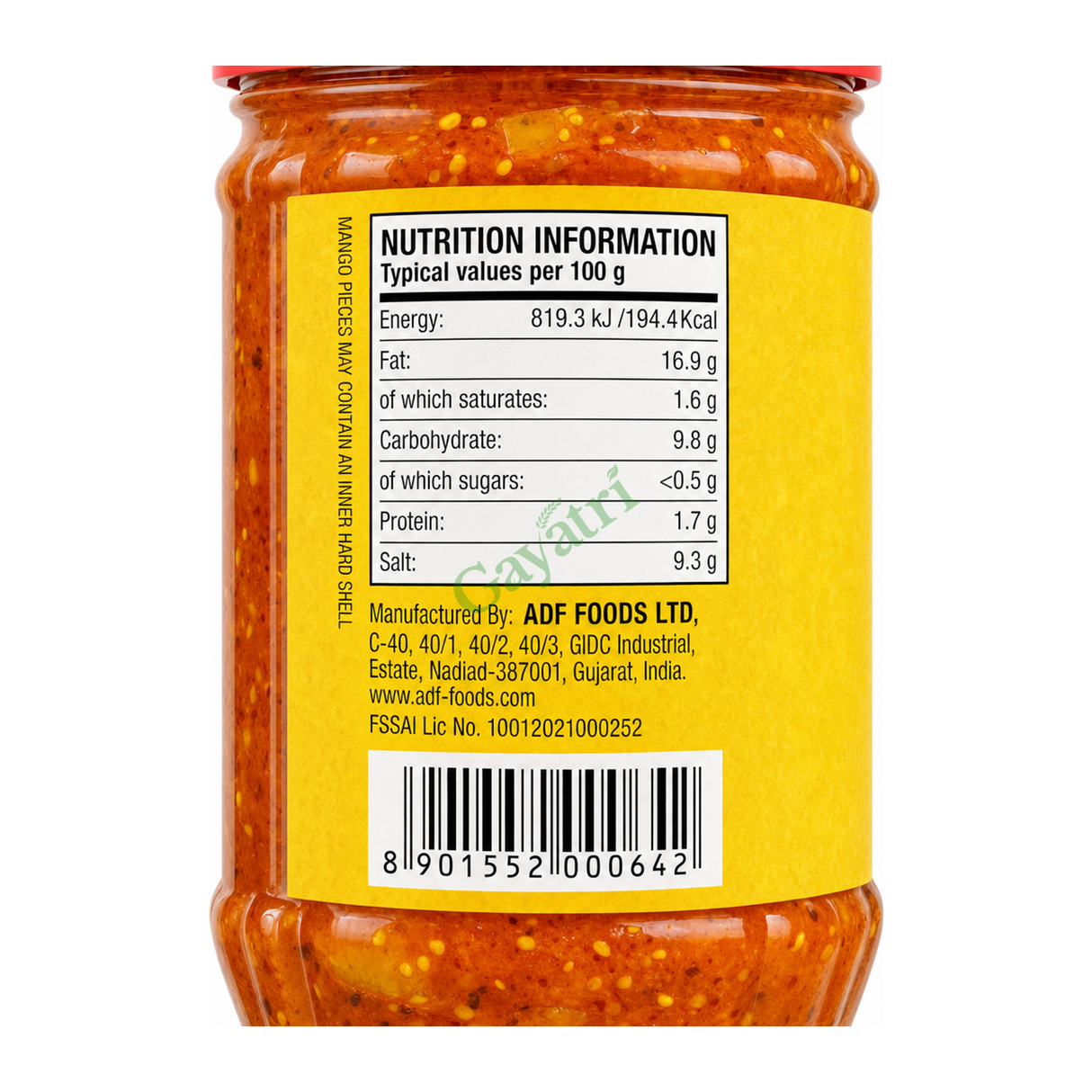 Mango Pickle Hot Hot by Ashoka — nutrition facts side panel, studio product photo on white background