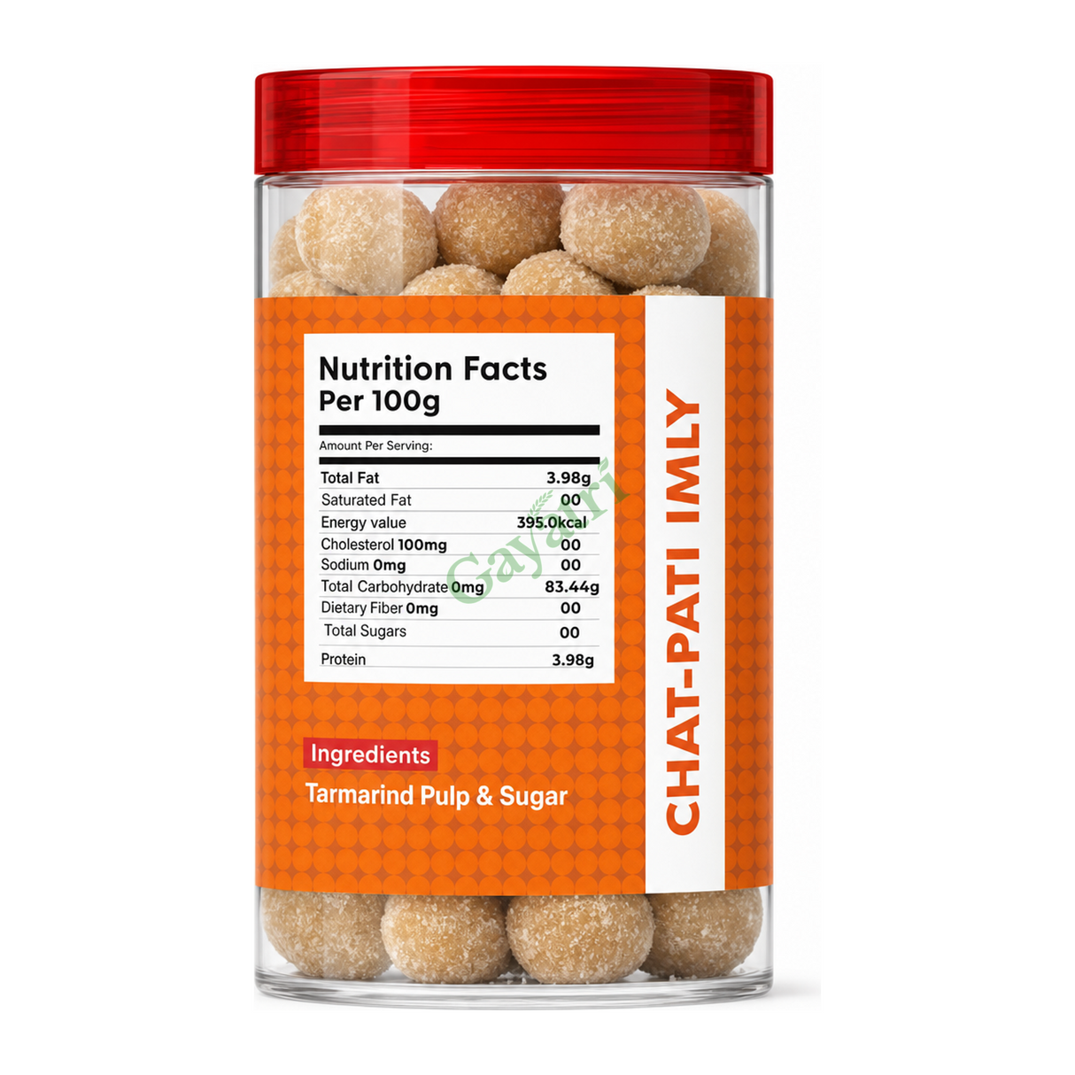 Chat-Pati Imly by Mukhwas Bites — nutrition facts side panel, studio product photo on white background