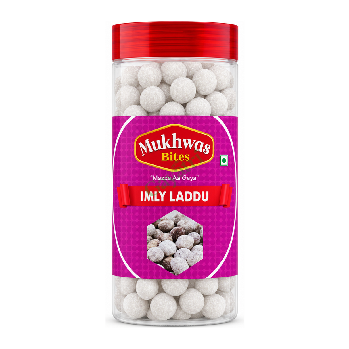 Imly Laddu by Mukhwas Bites — front view showing product label and branding, studio product photo on white background