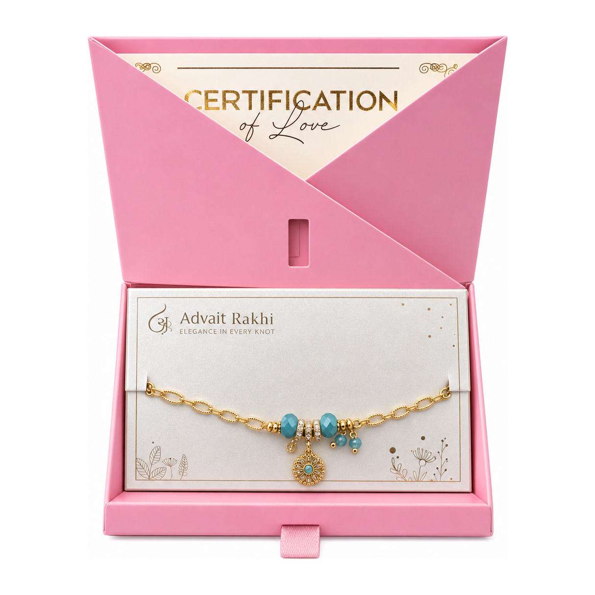 Elegance In Every Knot by Advait Rakhi β front view showing product label and branding, studio product photo on white background