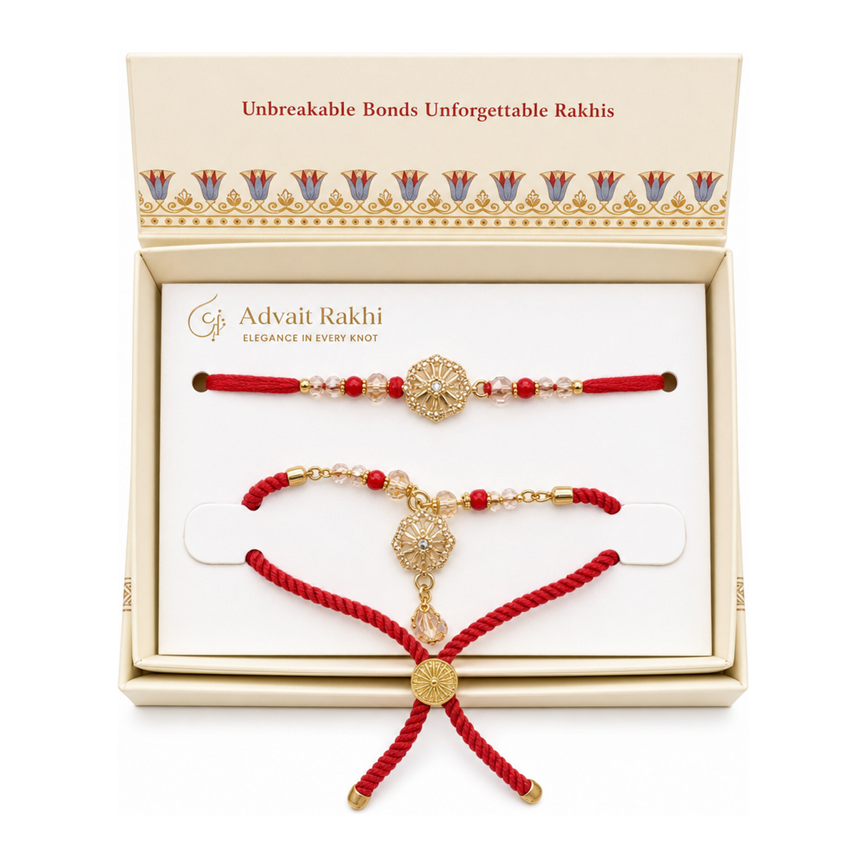 Elegance in Every Knot Rakhi by Advait Rakhi β front view showing product label and branding, studio product photo on white background