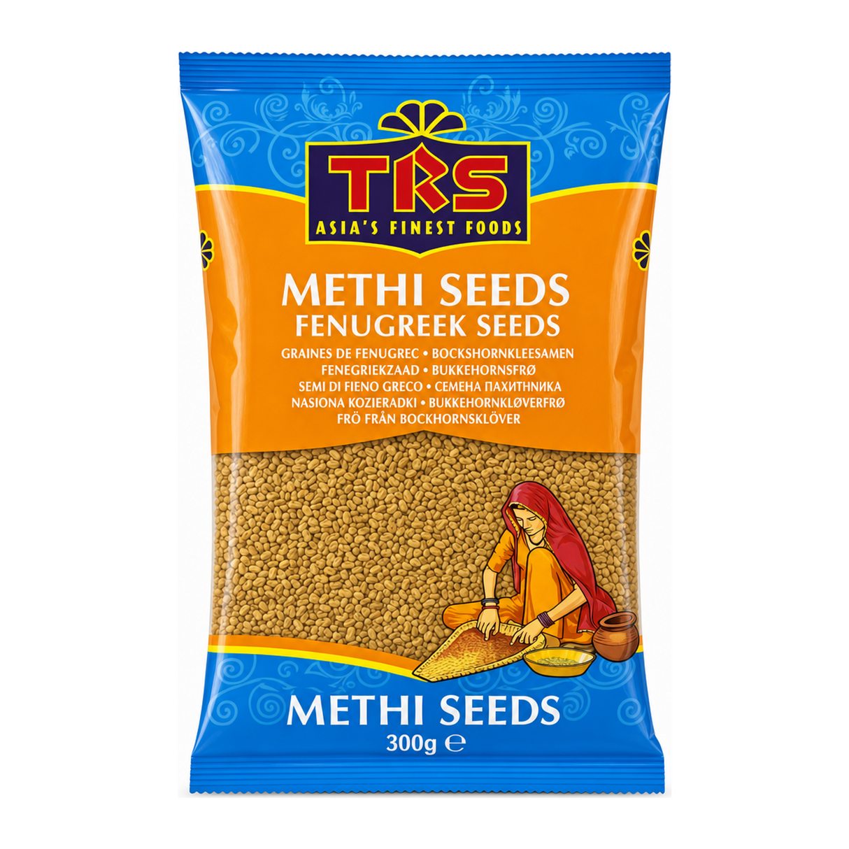 Methi Seeds (Fenugreek Seeds) by TRS — front view showing product label and branding, studio product photo on white background