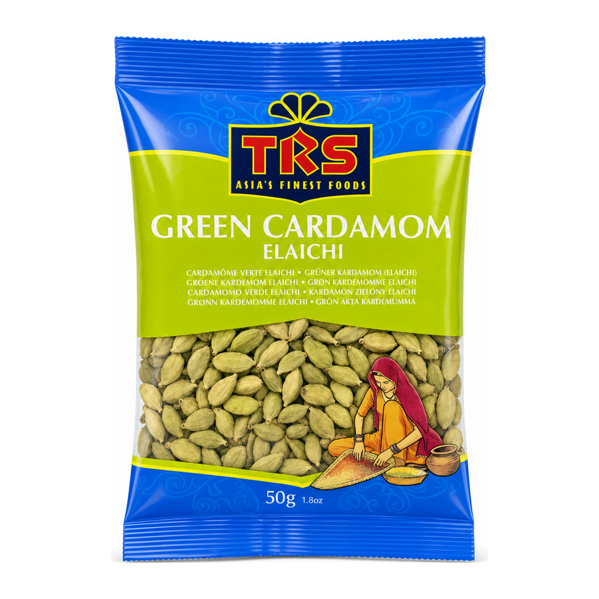 Green Cardamom Elaichi by TRS — front view showing product label and branding, studio product photo on white background