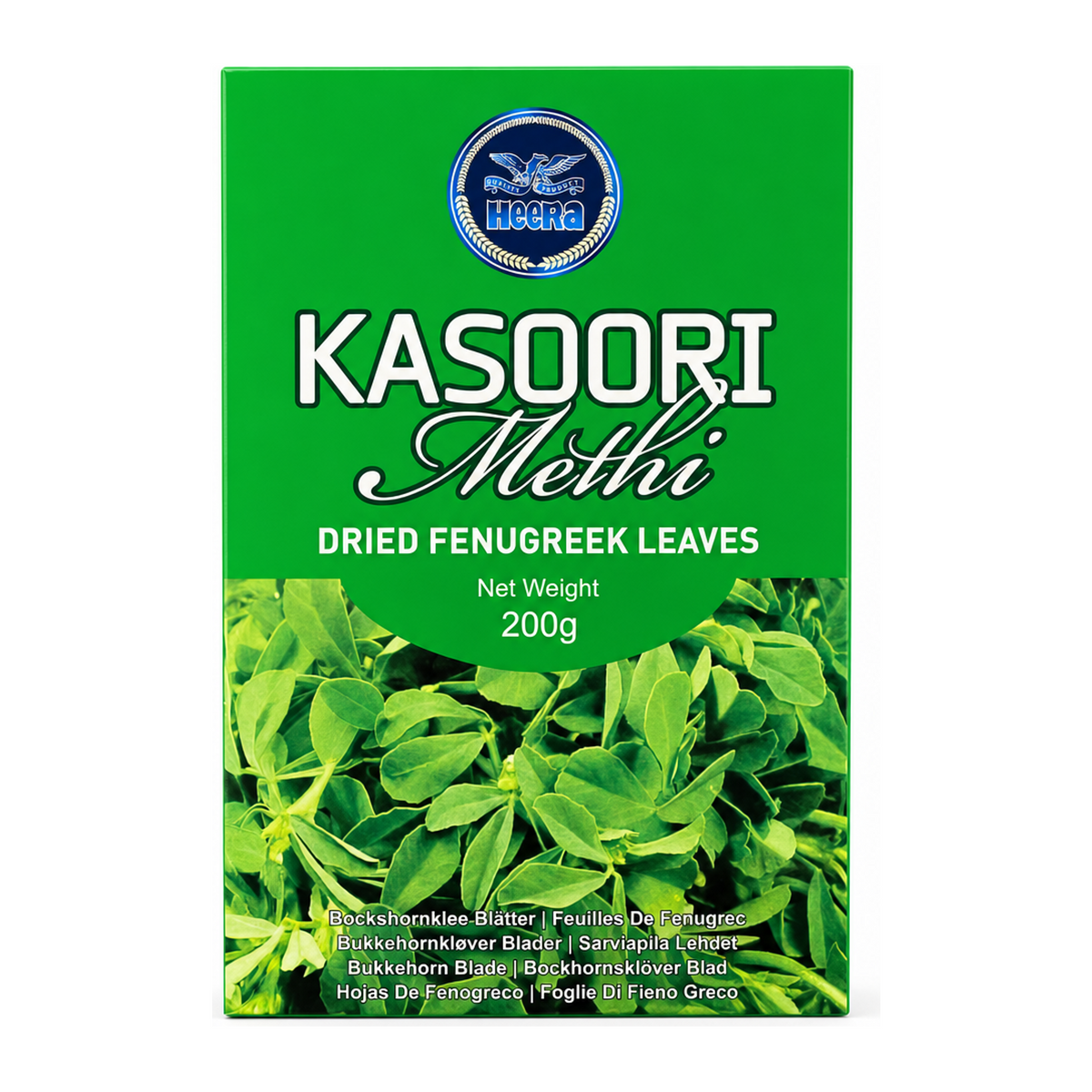Kasoori Methi Dried Fenugreek Leaves by Heera — front view showing product label and branding, studio product photo on white background