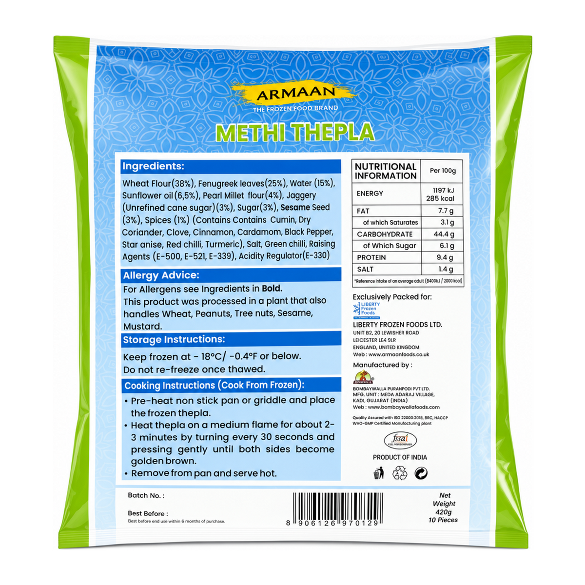 Armaan Methi Thepla 10 Pieces by Armaan — back view showing ingredients and product details, studio product photo on white background