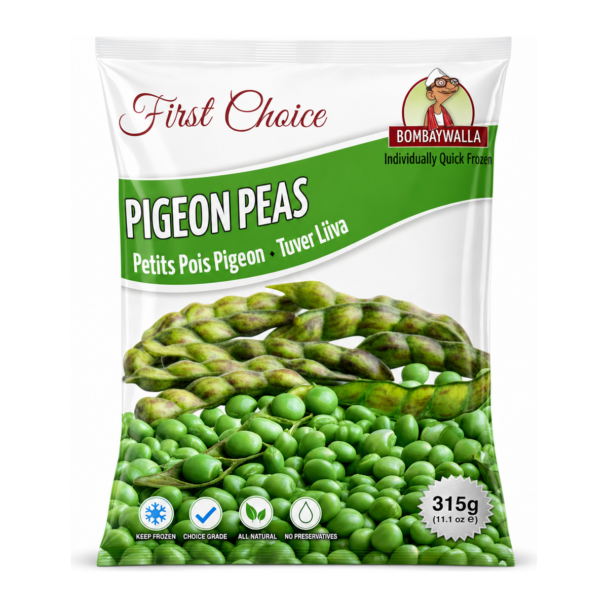Bombaywalla Pigeon Peas Individually Quick Frozen by Bombaywalla — front view showing product label and branding, studio product photo on white background
