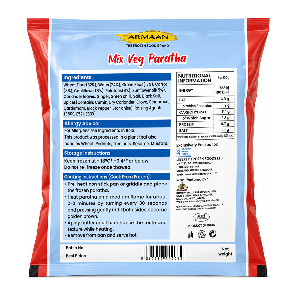 Armaan Mix Veg Paratha by Armaan — back view showing ingredients and product details, studio product photo on white background