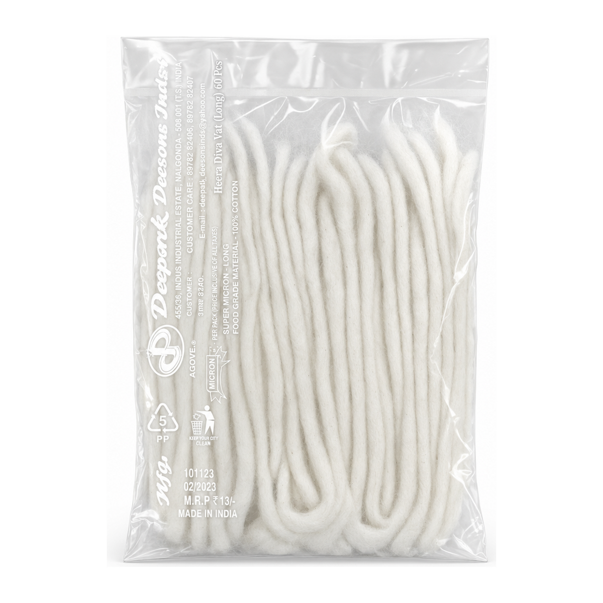 Heera Diva Vat (Long) 60 Pcs by Heera — back view showing ingredients and product details, studio product photo on white background