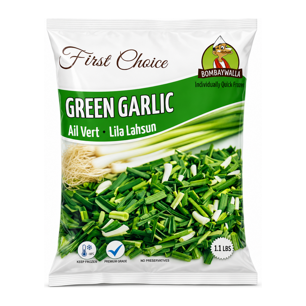 Bombaywalla Green Garlic Individually Quick Frozen by Bombaywalla — front view showing product label and branding, studio product photo on white background